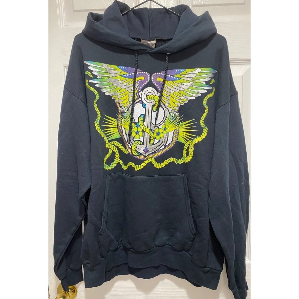 Let's Rock The Boat Y2K Graphic Hoodie Men's Size Large Wings Anchor Flower